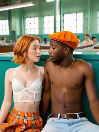 A young black man eagerly undresses a redheaded woman in a menthol cigarette factory