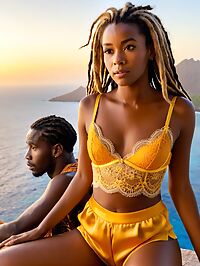 Black man with dreadlocks stands confused amidst lush vegetation in the early morning